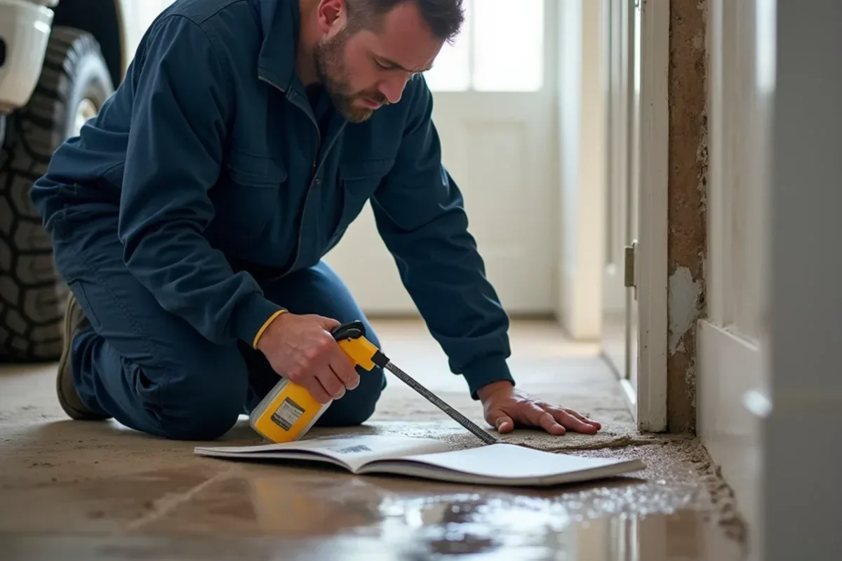 Applying EPA registered disinfectant along lower foundation walls following flood cleanup