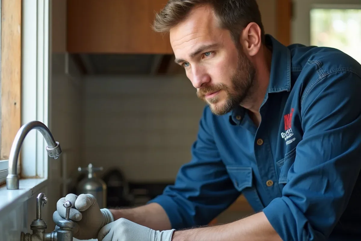 Technician inspecting water damage from cracked galvanized pipe in older South Ogden rambler