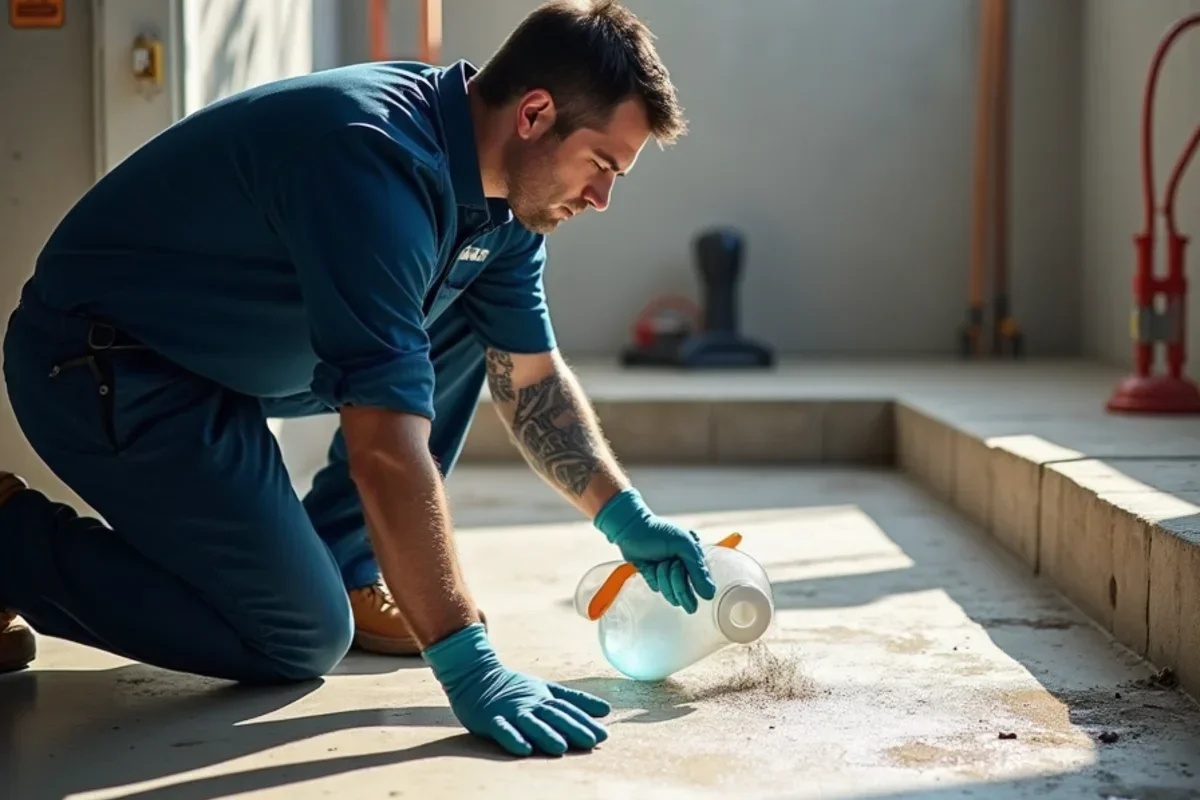 Restoration specialist applying hospital grade disinfectant to affected concrete basement floor
