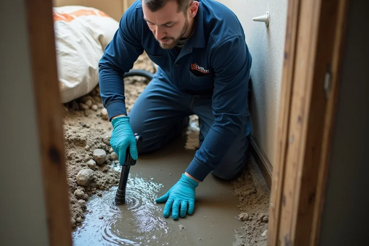 Technician extracting standing groundwater from finished basement in Syracuse Utah