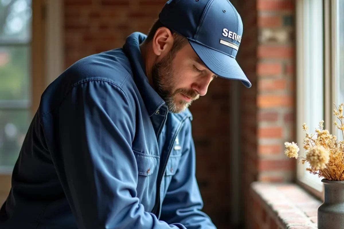 Technician setting moisture sensors inside historic brick residence in Weber County