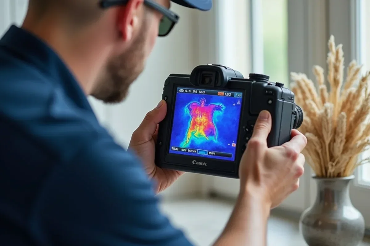 Technician photographing water damage with digital camera and thermal imaging overlay