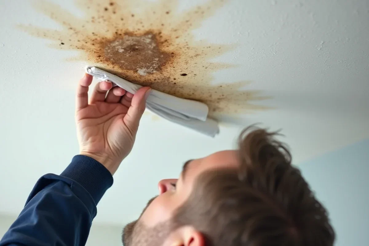 Visible brown water stain and bubbling paint on ceiling beneath upstairs bathroom