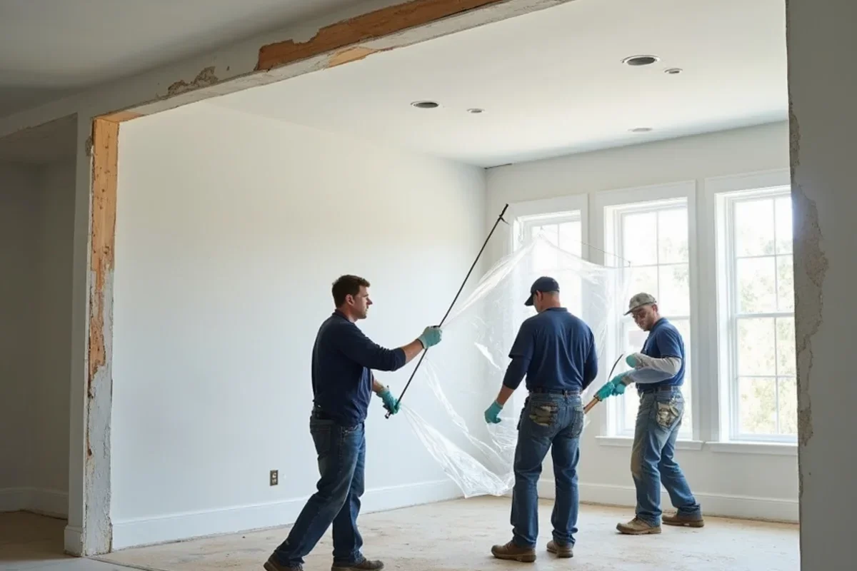 Plastic containment barrier catching falling wet ceiling drywall during controlled removal