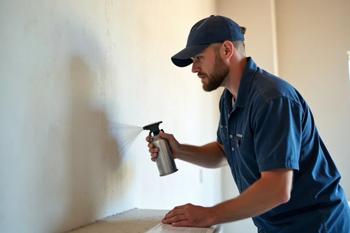 Skilled dry-waller spraying orange peel texture to match existing ceiling finish