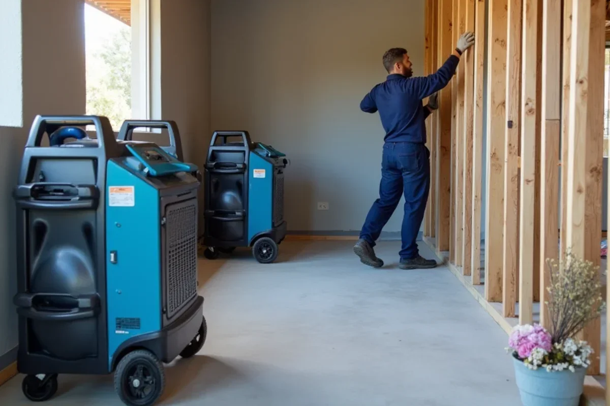 Commercial dehumidifier and air movers drying concrete slab and exposed wall framing