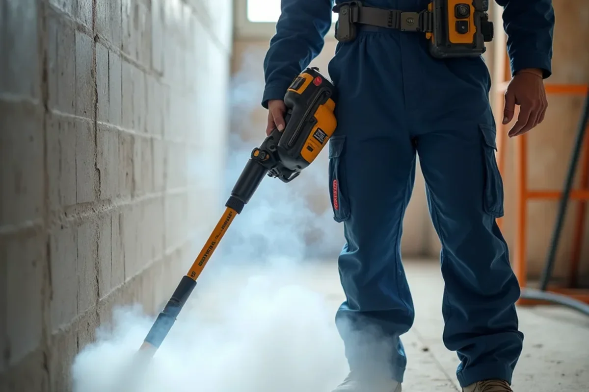 Technician applying antimicrobial sanitizing mist across basement foundation walls
