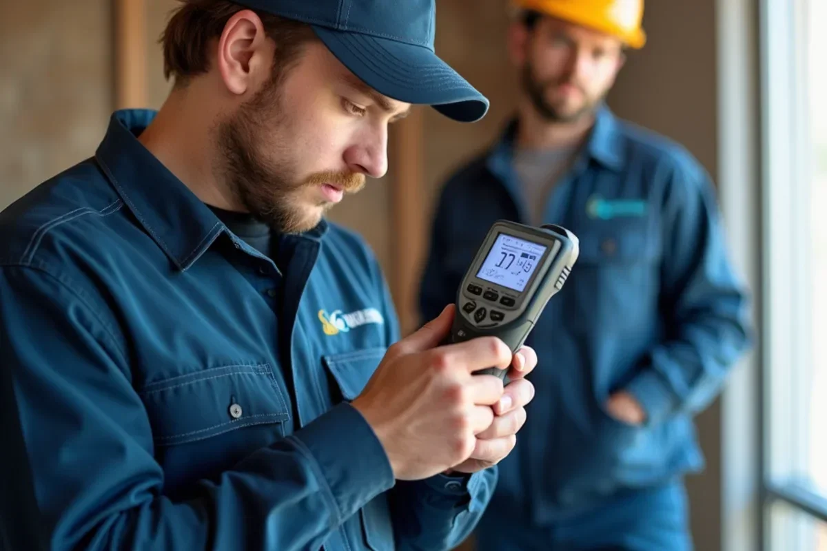 Technician checking grains per pound GPP and relative humidity on digital thermo-hygrometer