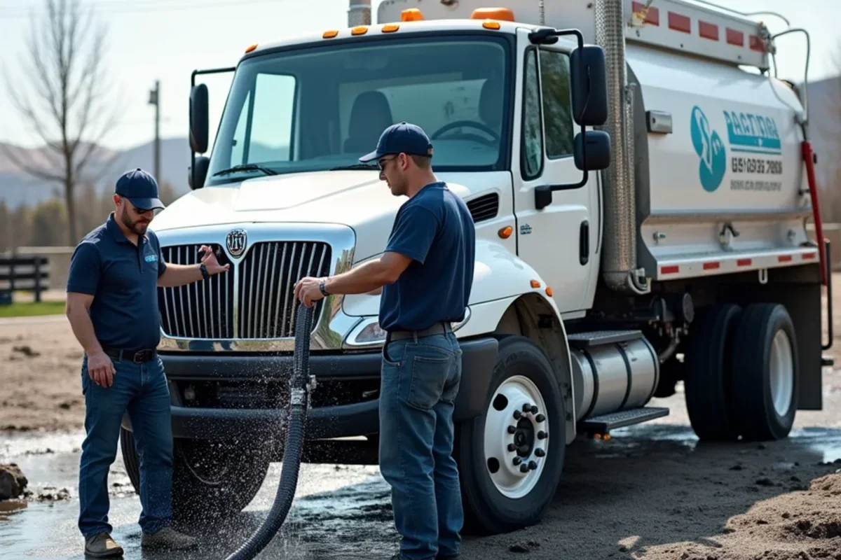 Commercial truck-mounted water extraction machine removing floodwater from flooring