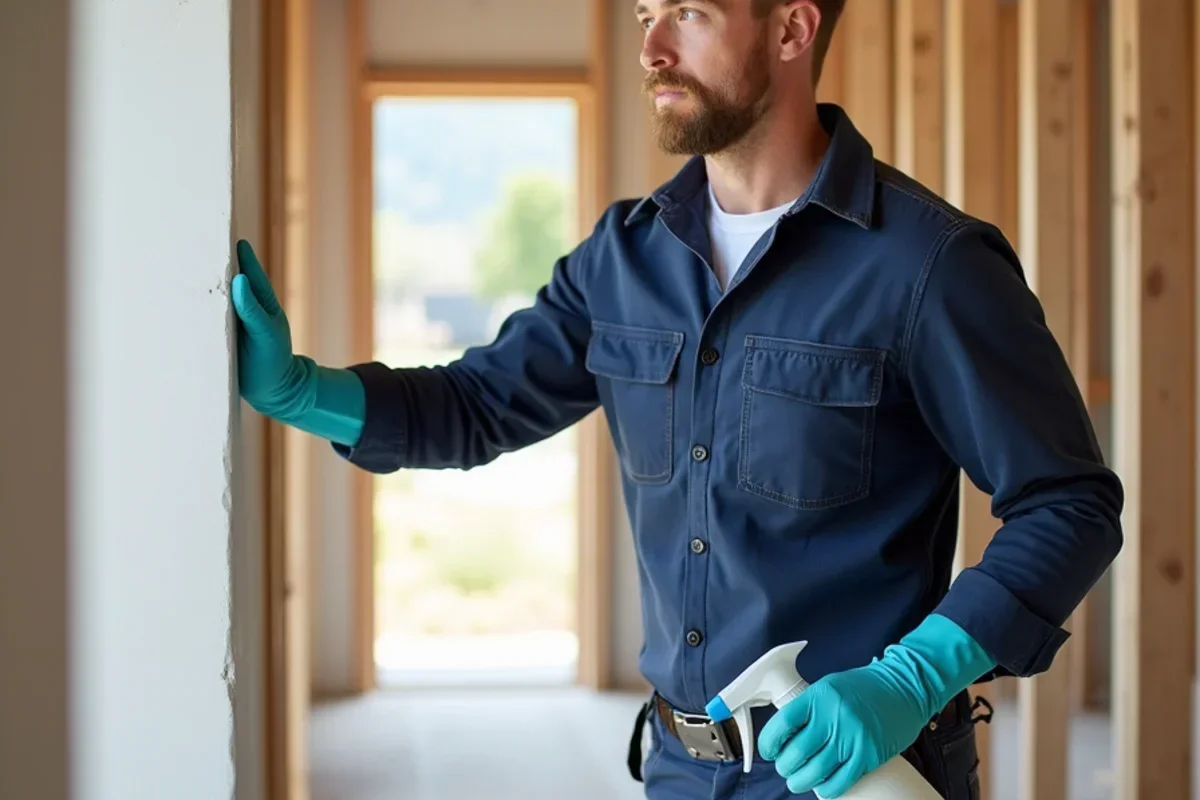 Technician applying EPA-registered botanical antimicrobial spray to exposed wall framing